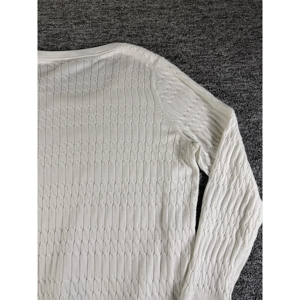 Tommy Hilfiger Sweater Womens XL White Logo Cable Knit Ribbed Hem Round Neck